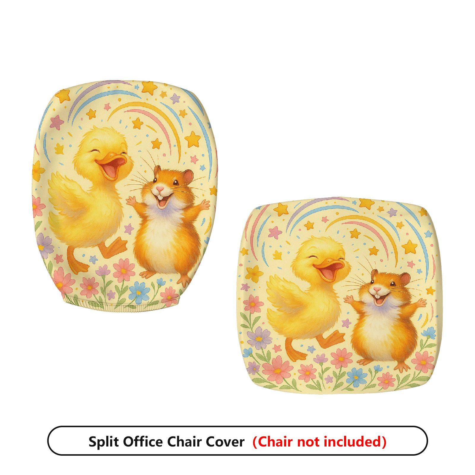 2-Piece Adorable Animal Rainbow Floral Star  Computer Chair Cover Set, Seat and Backrest