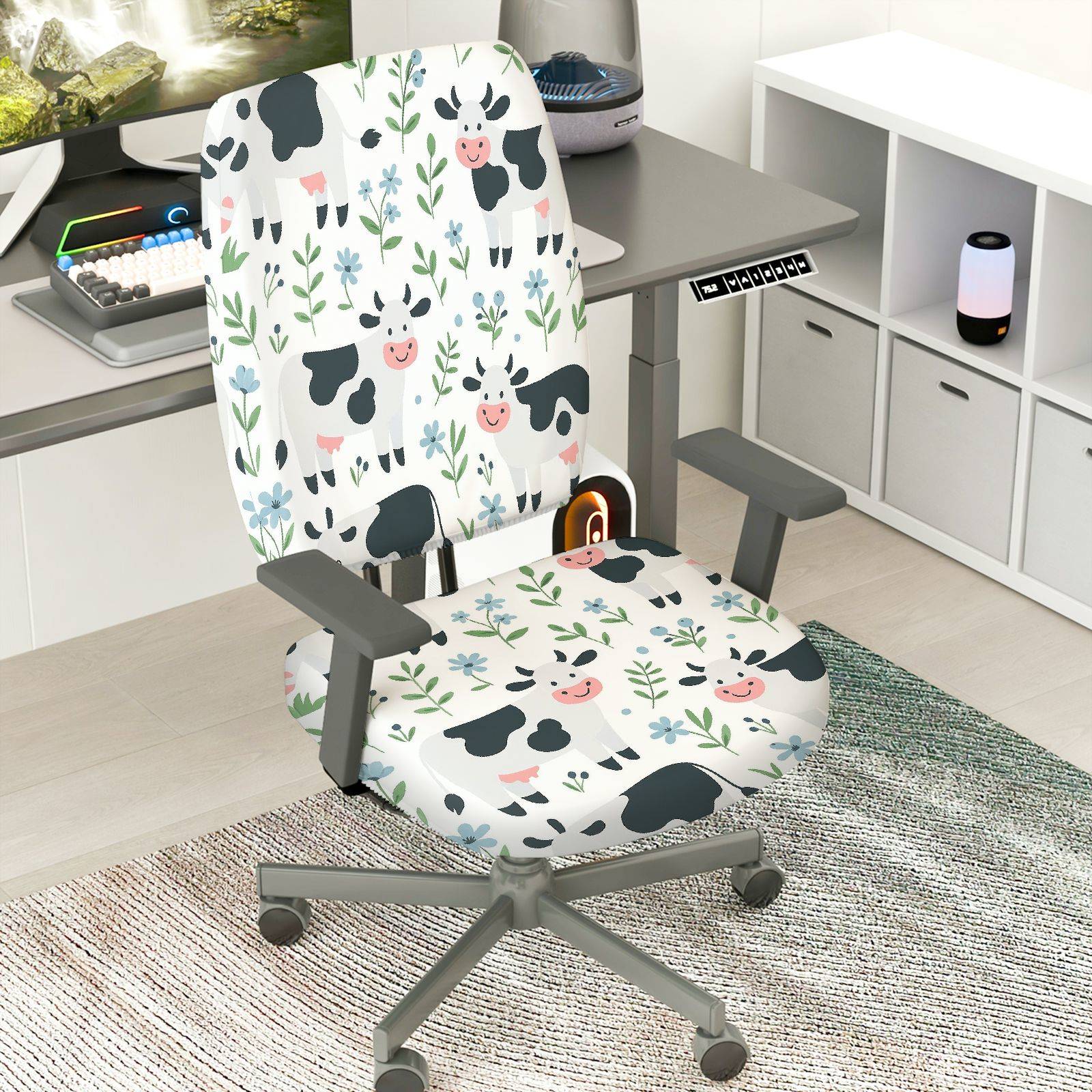 2-Piece Cow Floral Animal  Computer Chair Cover Set, Seat and Backrest
