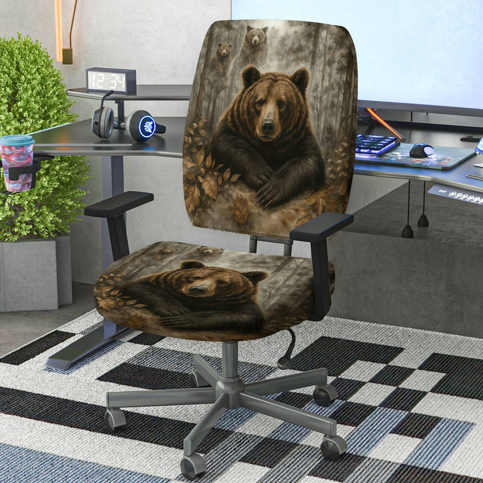 2-Piece Animal Forest Bear Nature Design  Computer Chair Cover Set, Seat and Backrest