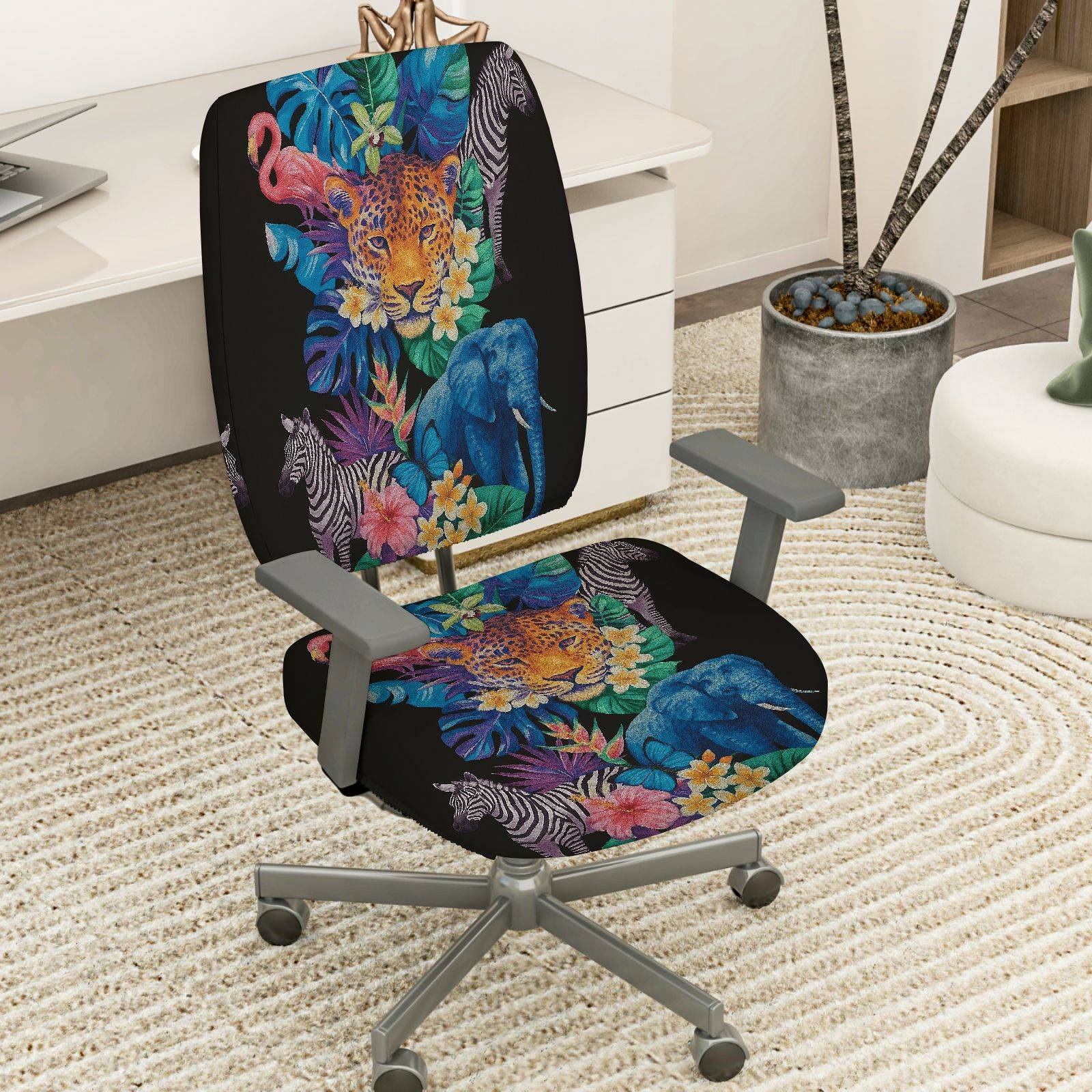 2-Piece Jungle Animal Floral Wildlife Safari Tropical  Computer Chair Cover Set, Seat and Backrest