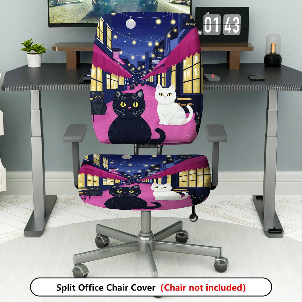2-Piece Cat Night Street Black White Moonlight  Computer Chair Cover Set, Seat and Backrest