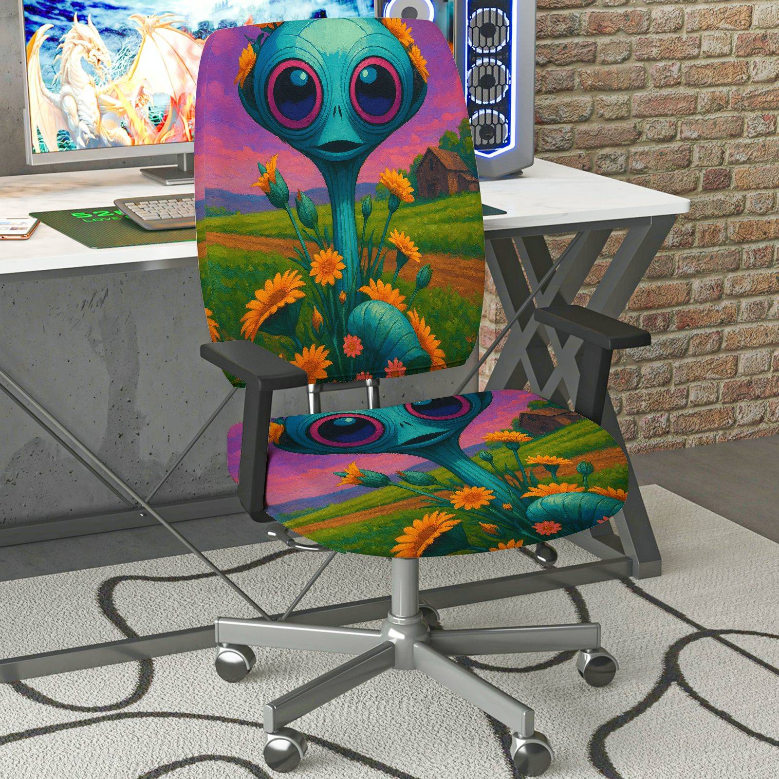 2-Piece Alien Floral Fantasy Art Colorful  Computer Chair Cover Set, Seat and Backrest
