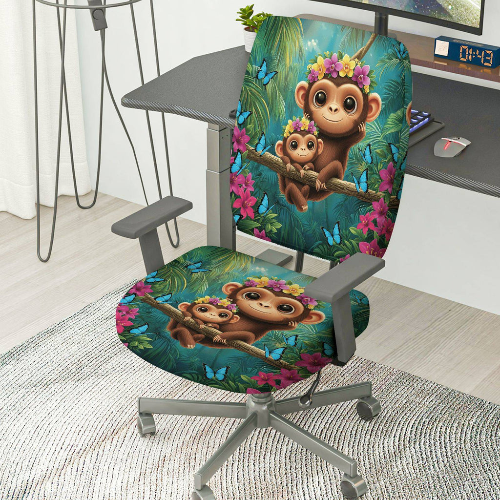2-Piece Monkey Jungle Floral Butterfly Animal  Computer Chair Cover Set, Seat and Backrest