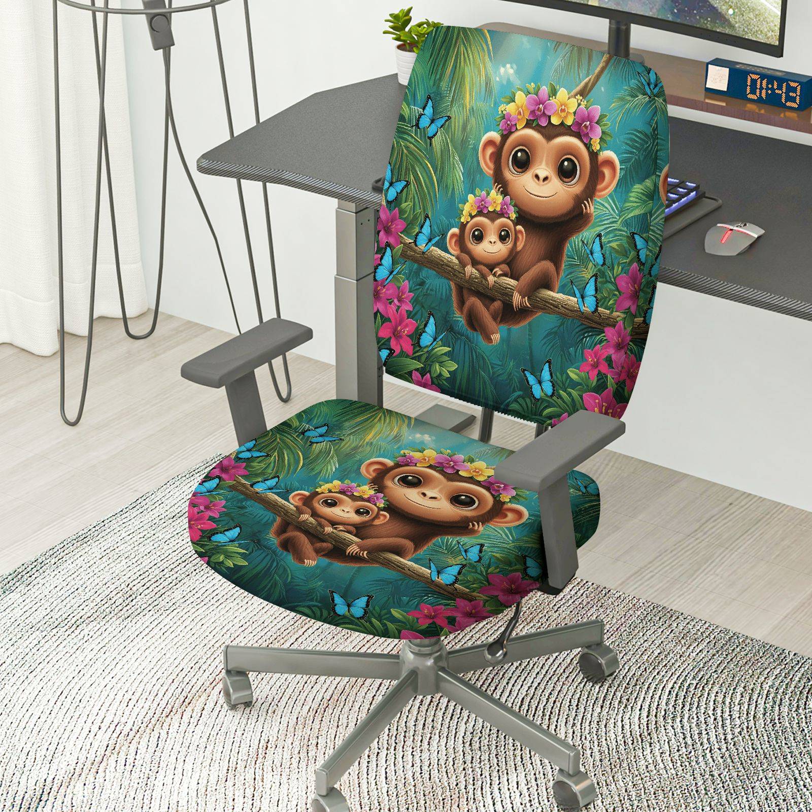 2-Piece Monkey Jungle Floral Butterfly Animal  Computer Chair Cover Set, Seat and Backrest