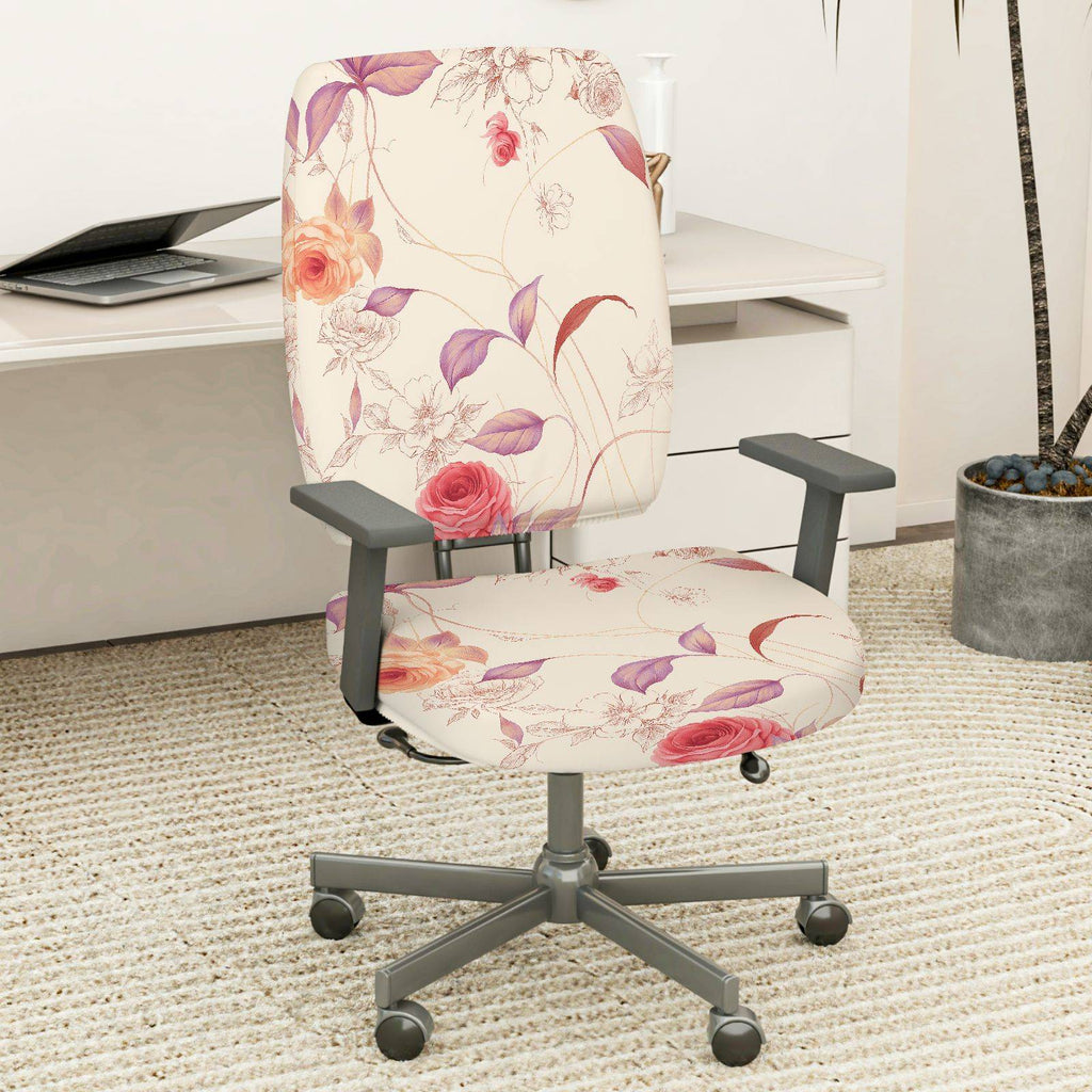 2-Piece Floral Pattern Rose Pink Purple Decorative  Computer Chair Cover Set, Seat and Backrest