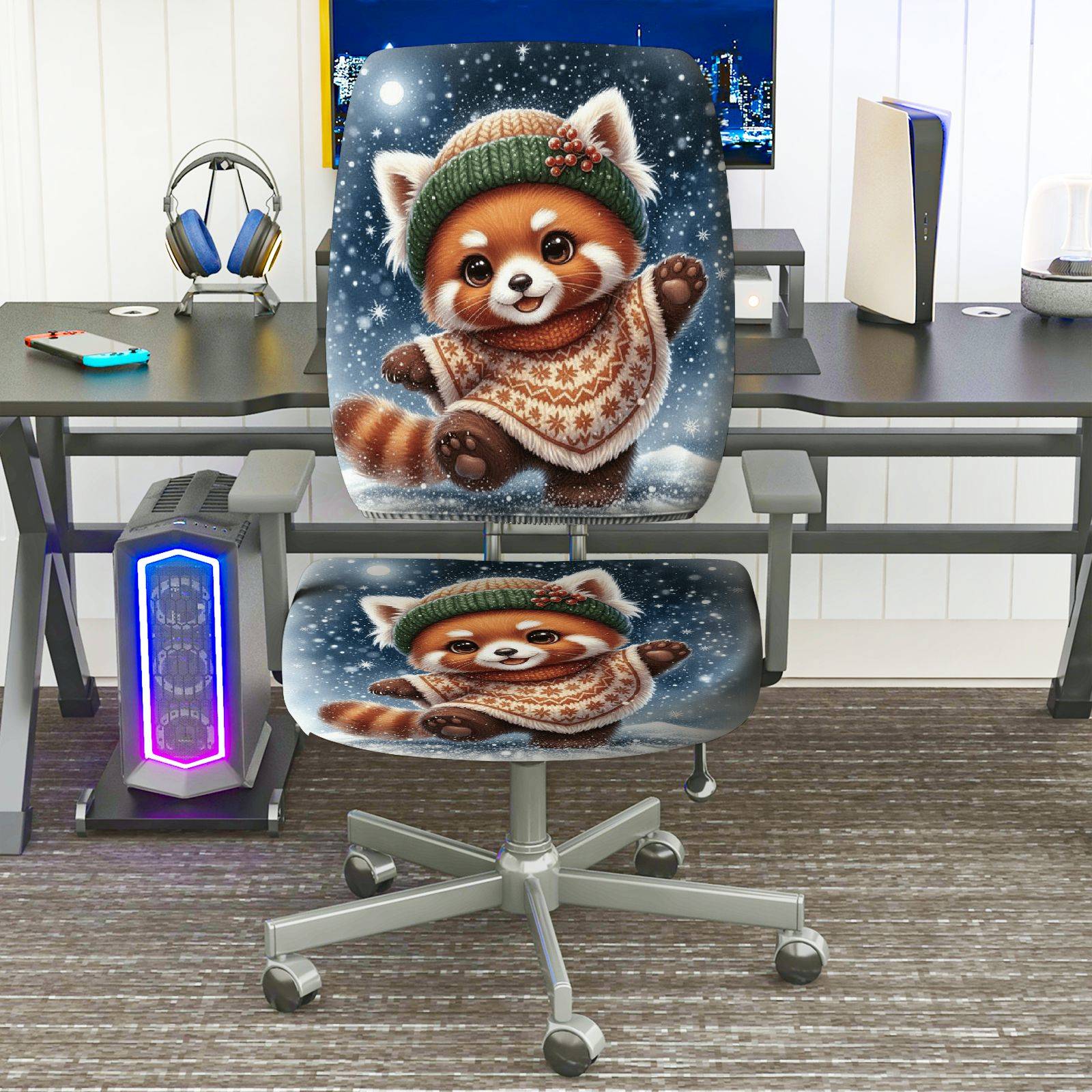 2-Piece Animal Red Panda Winter Snowflakes Holiday  Computer Chair Cover Set, Seat and Backrest