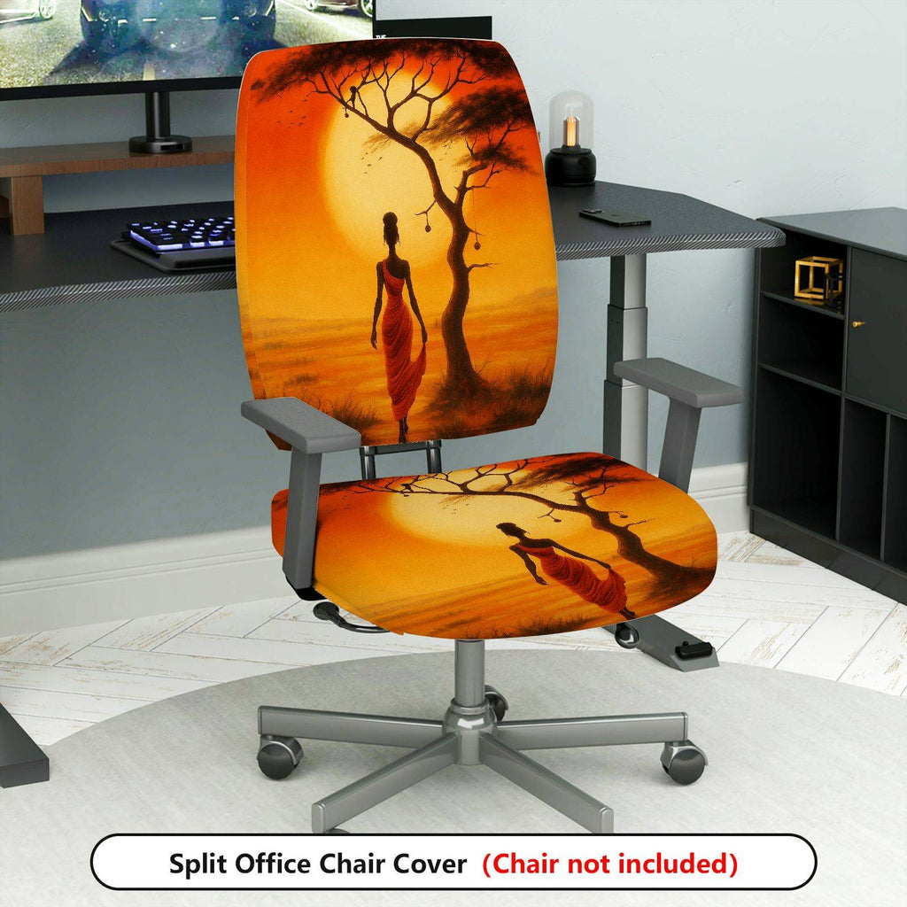 2-Piece African Sunset Woman Art Landscape Tree  Computer Chair Cover Set, Seat and Backrest