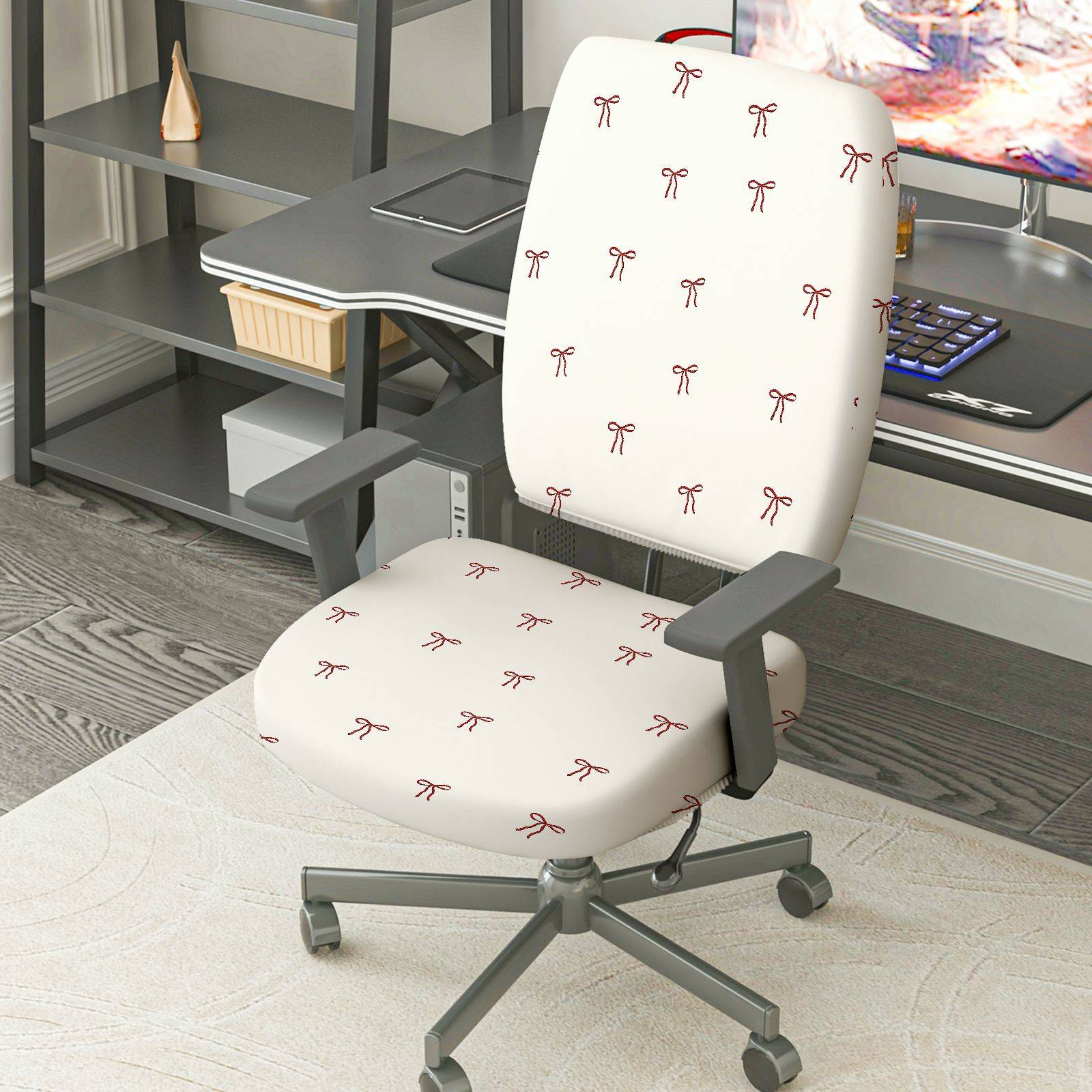 2-Piece White Red Bowknot Decorative  Computer Chair Cover Set, Seat and Backrest