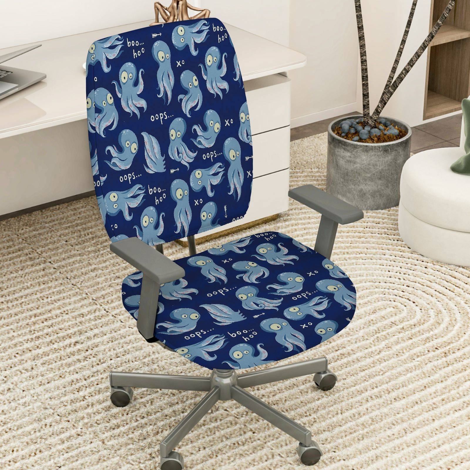 2-Piece Cute Funny Octopus Blue Animal  Computer Chair Cover Set, Seat and Backrest