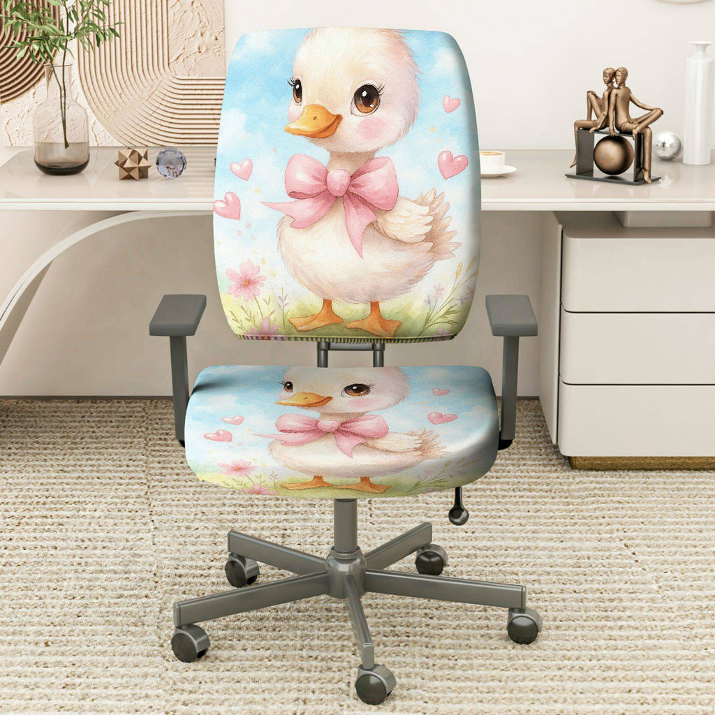 2-Piece Cute Duck Pink Bow Heart Spring  Computer Chair Cover Set, Seat and Backrest