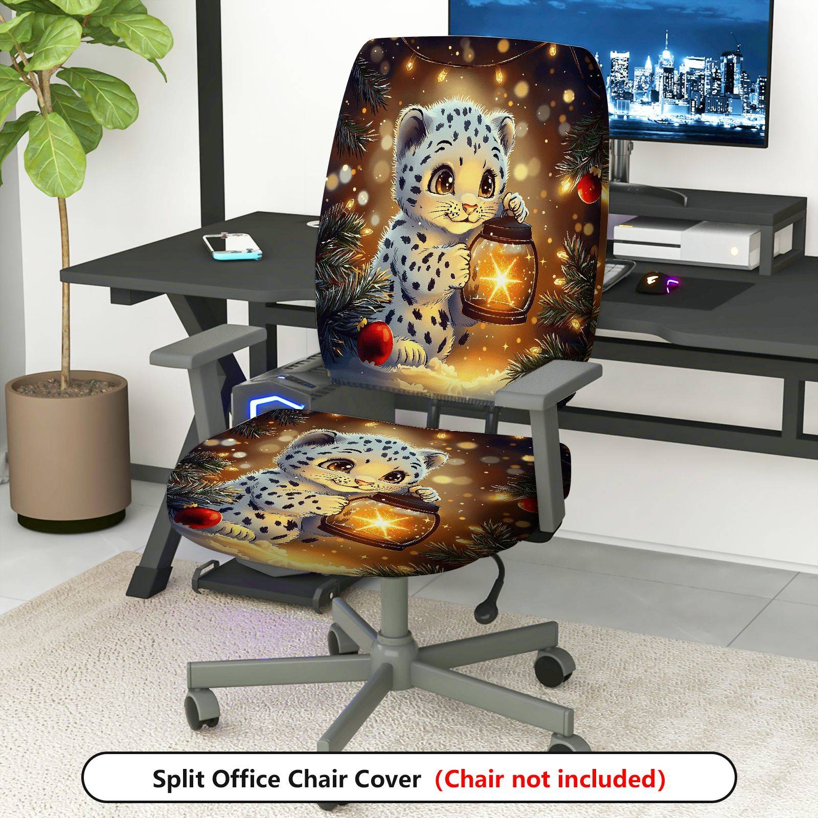 2-Piece Christmas Snowflake Lantern Cute Leopard  Computer Chair Cover Set, Seat and Backrest