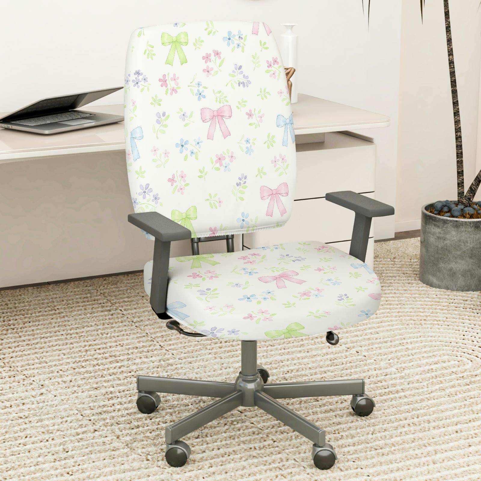 2-Piece Floral Bow Pastel Cute Spring Comfortable  Computer Chair Cover Set, Seat and Backrest