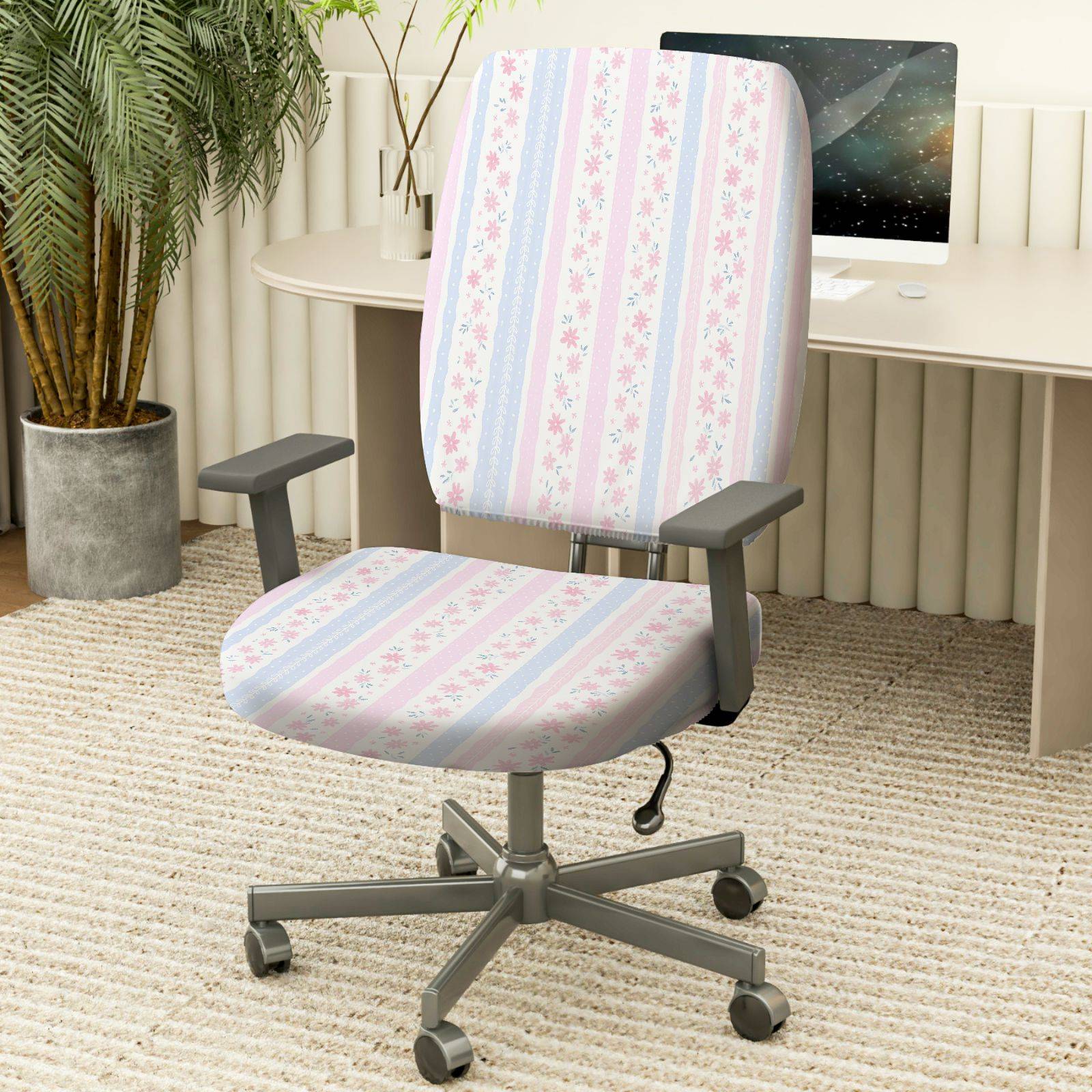 2-Piece Pastel Floral Stripe  Computer Chair Cover Set, Seat and Backrest