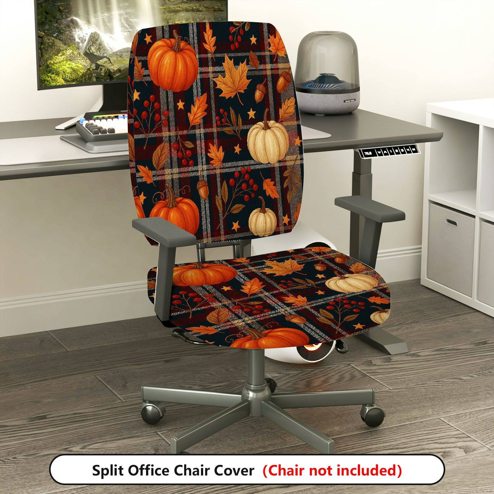 2-Piece Autumn Thanksgiving Pumpkin Leaves Acorn Berry  Computer Chair Cover Set, Seat and Backrest