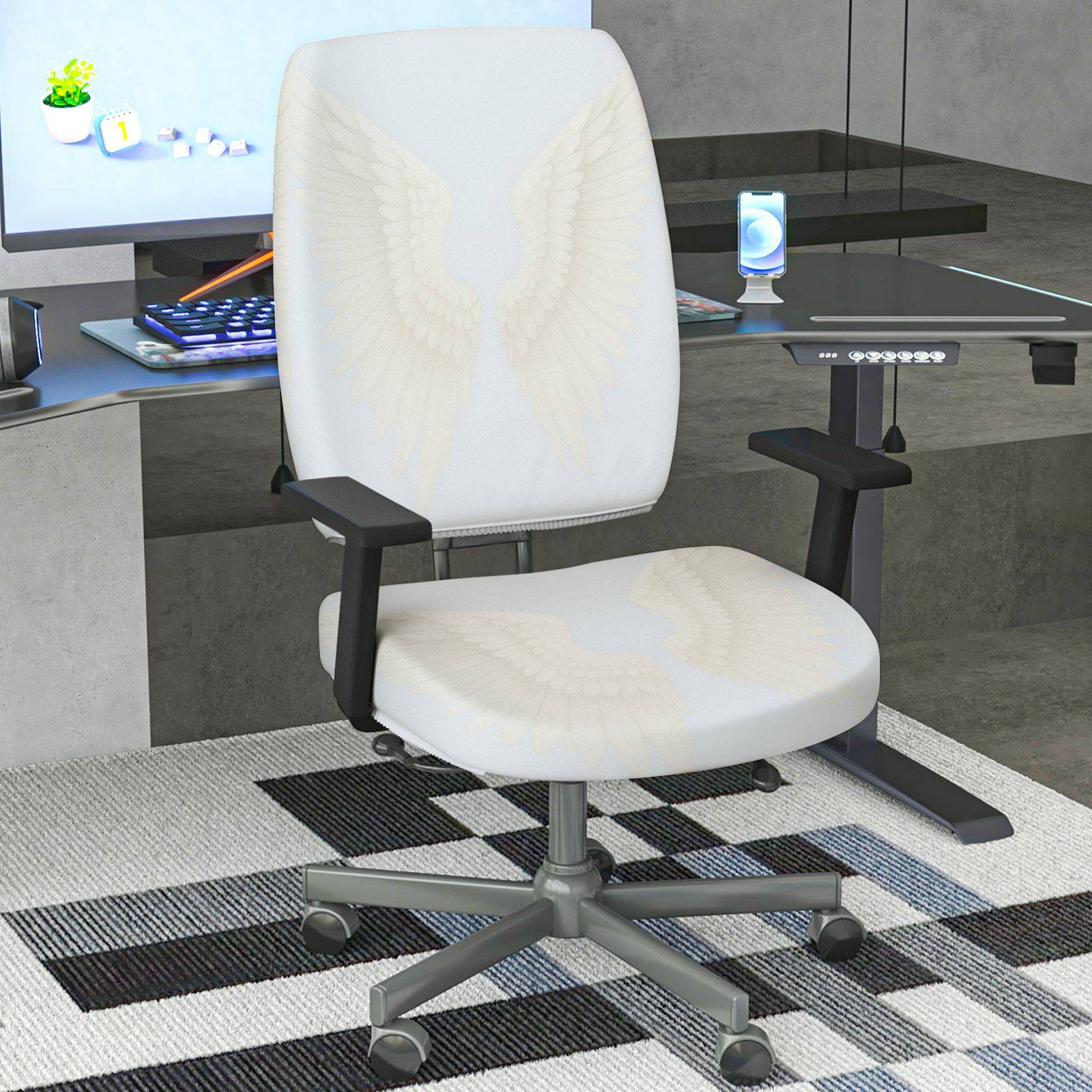 2-Piece Angel Wing Pattern White Elegant Decorative Stylish  Computer Chair Cover Set, Seat and Backrest