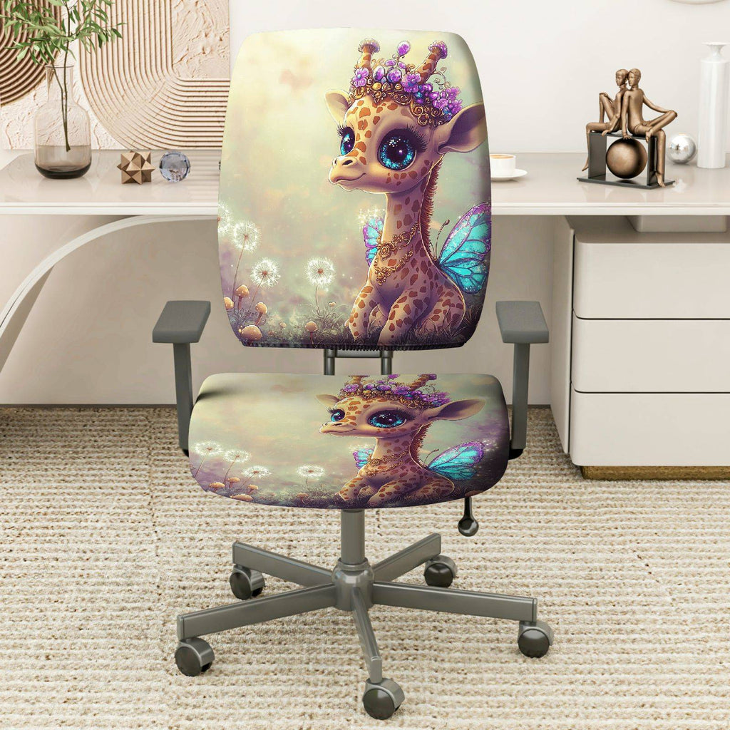 2-Piece Adorable Giraffe Fairy Crown Dandelion Purple  Computer Chair Cover Set, Seat and Backrest