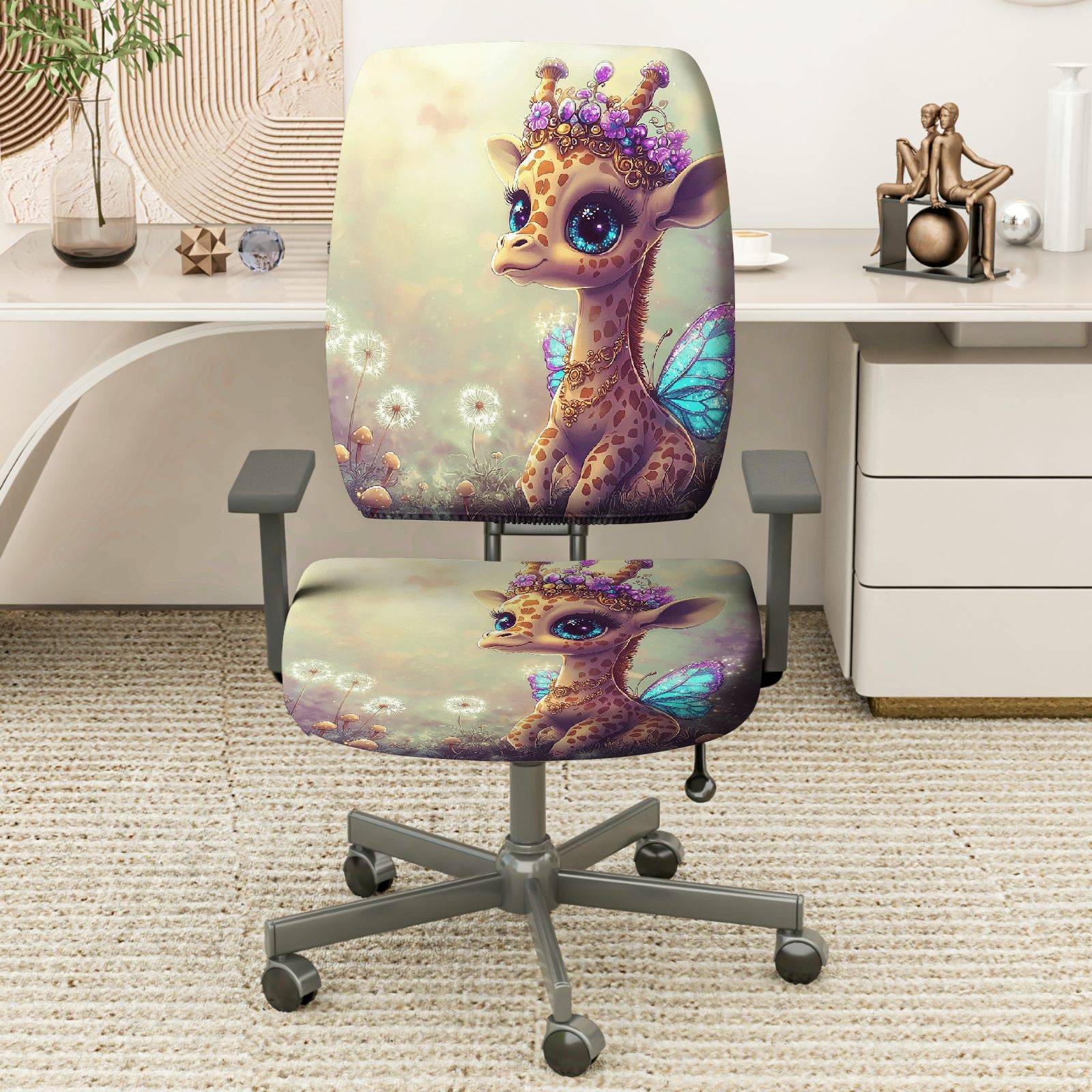 2-Piece Adorable Giraffe Fairy Crown Dandelion Purple  Computer Chair Cover Set, Seat and Backrest
