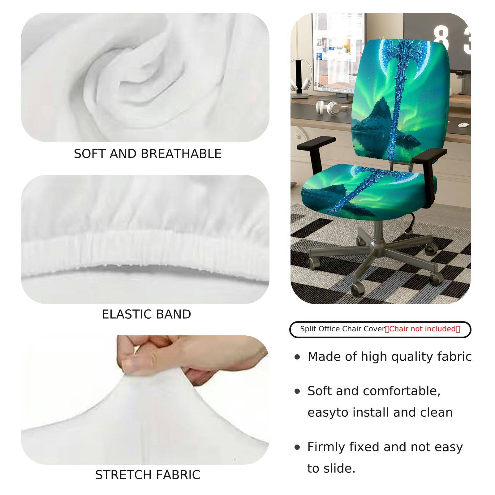 2-Piece Aurora Fantasy Sword Landscape Scenery Cool  Computer Chair Cover Set, Seat and Backrest