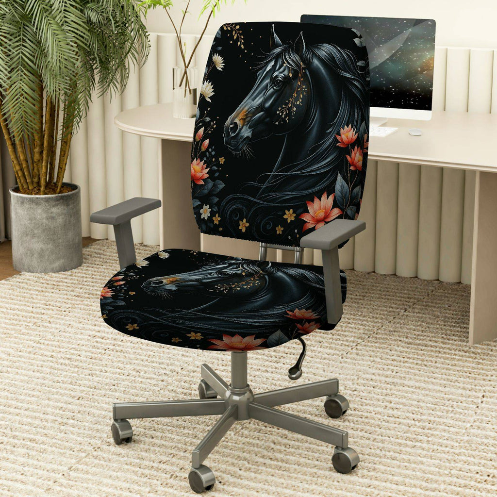 2-Piece Black Horse Floral Pattern  Computer Chair Cover Set, Seat and Backrest