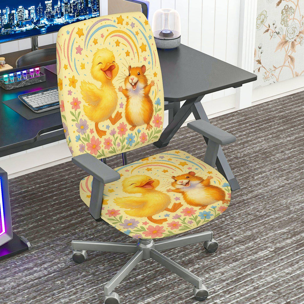2-Piece Adorable Animal Rainbow Floral Star  Computer Chair Cover Set, Seat and Backrest