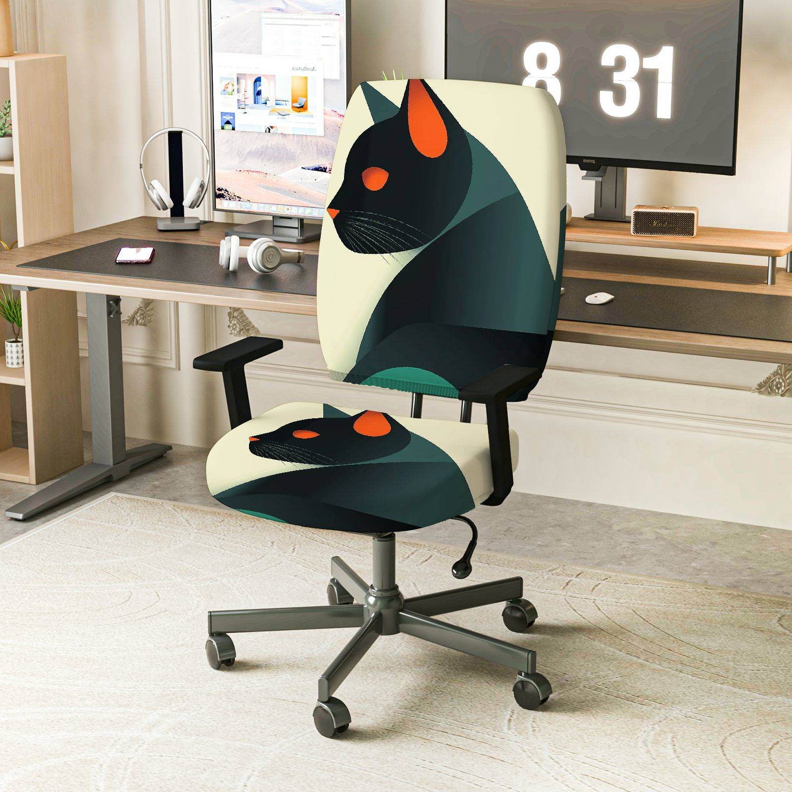 2-Piece Geometric Cat Modern Art Abstract Stylish Decorative  Computer Chair Cover Set, Seat and Backrest