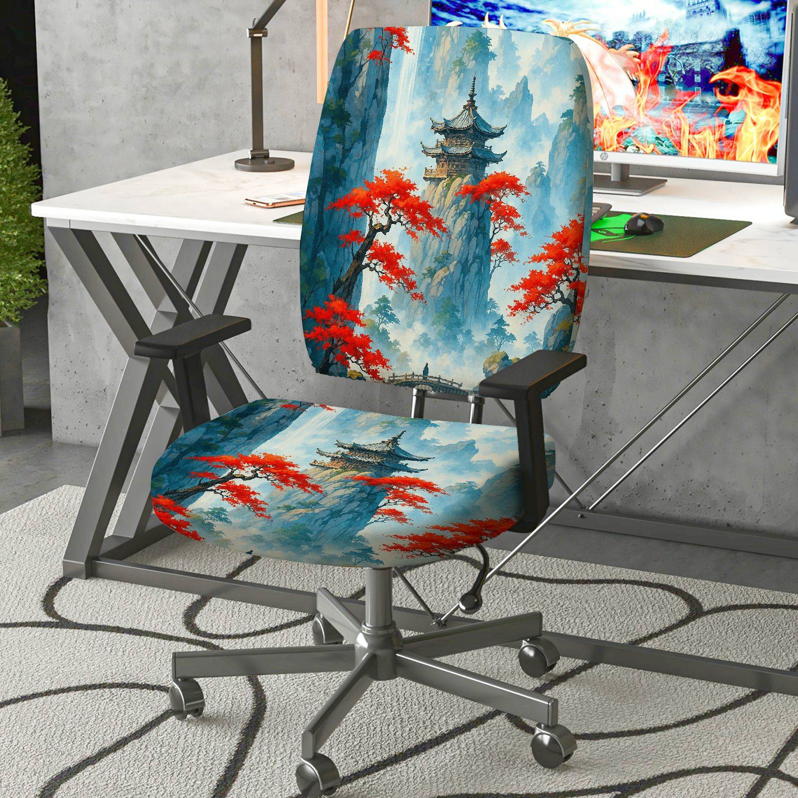 2-Piece Asian Zen Nature Landscape Art  Computer Chair Cover Set, Seat and Backrest