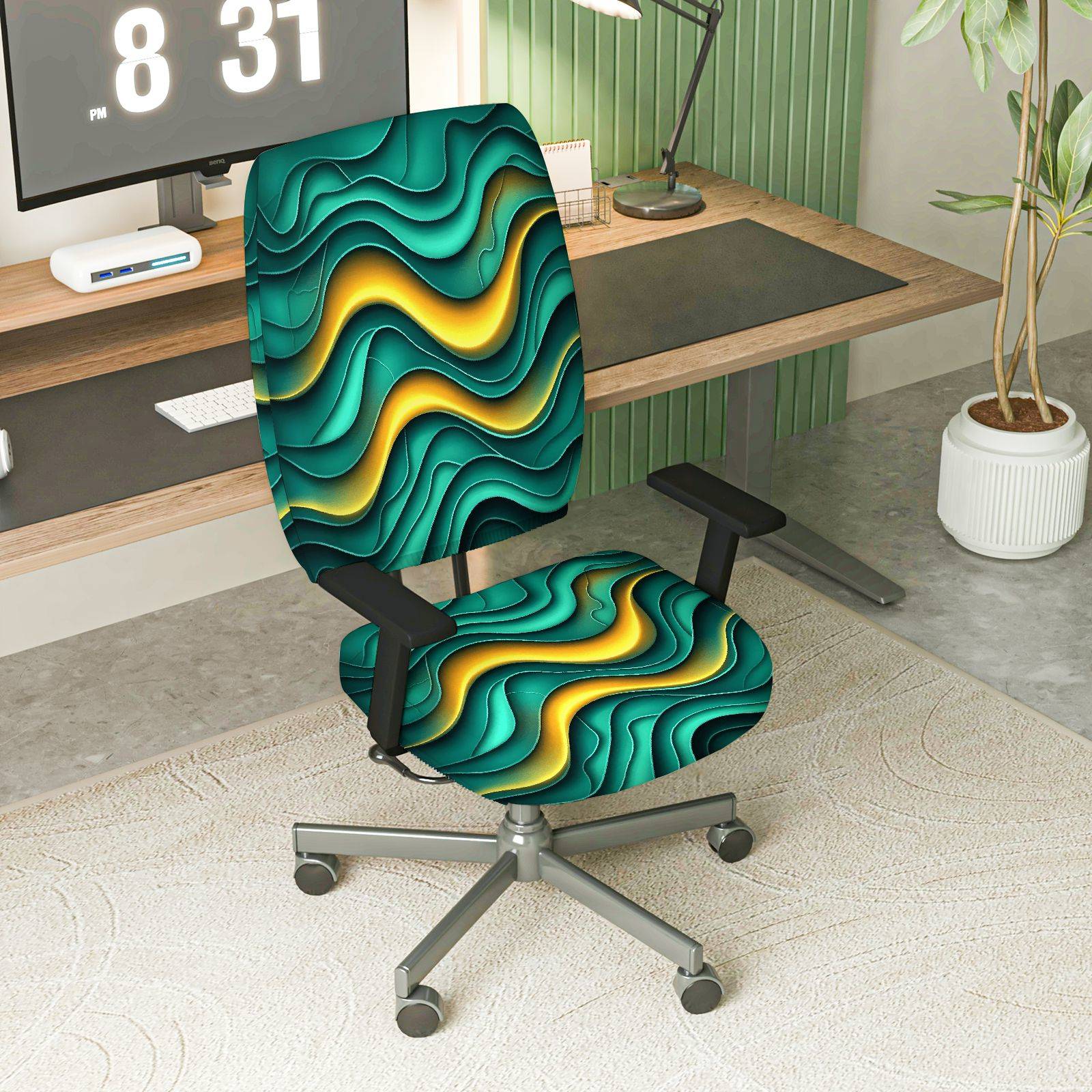 2-Piece Wave Abstract Art Geometric Colorful  Computer Chair Cover Set, Seat and Backrest