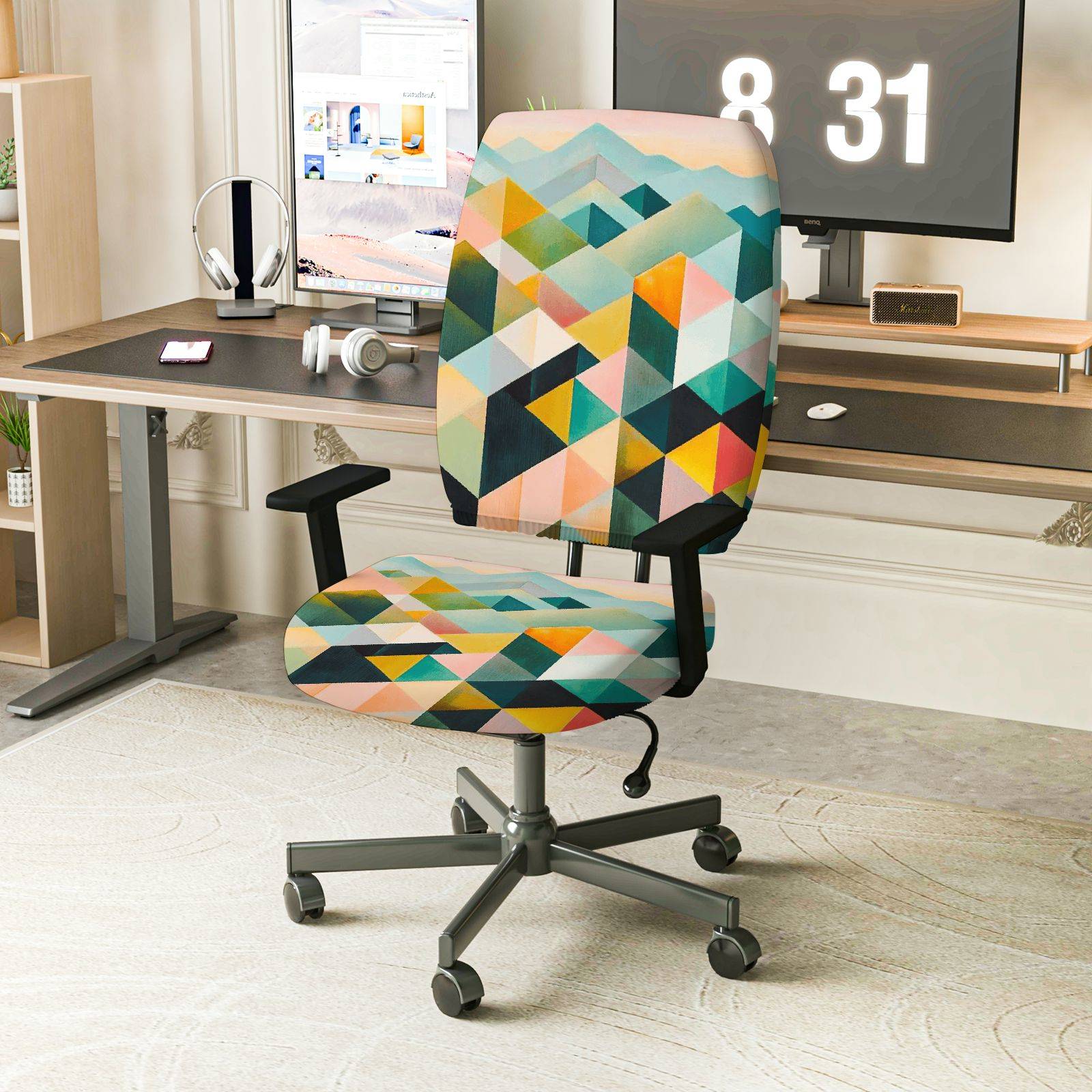 2-Piece Geometric Pattern Colorful Abstract Art Modern Stylish  Computer Chair Cover Set, Seat and Backrest