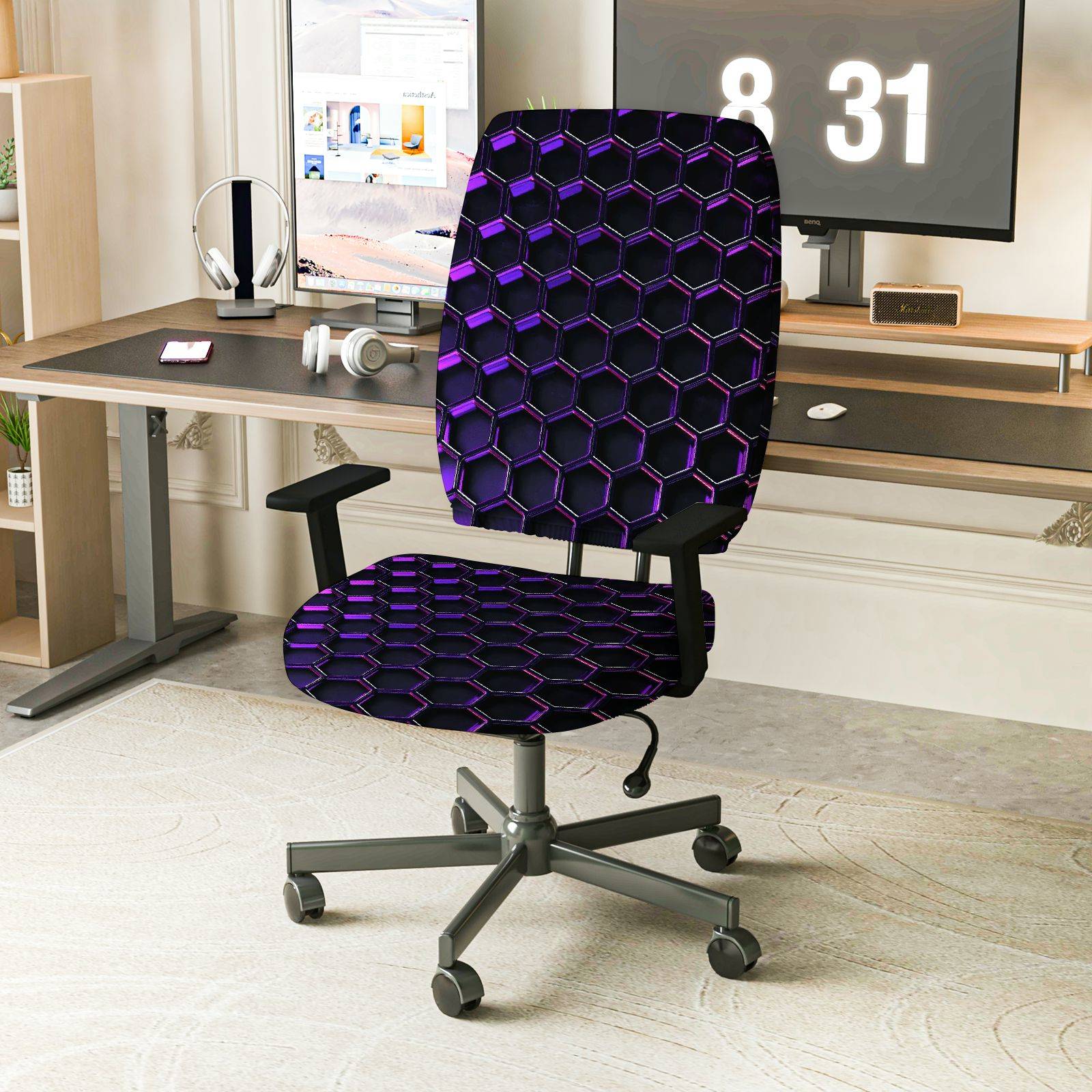 2-Piece Geometric Purple Black Stylish Modern Cool  Computer Chair Cover Set, Seat and Backrest