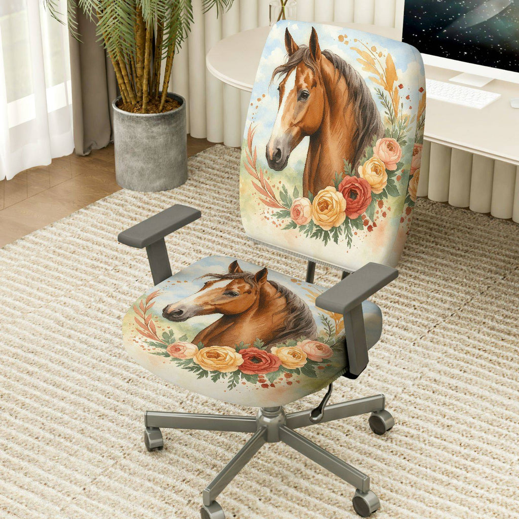 2-Piece Horse Floral Artistic Nature Colored Decoration  Computer Chair Cover Set, Seat and Backrest