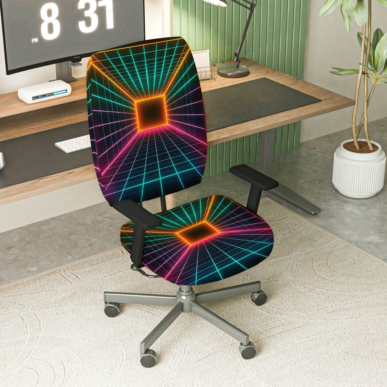 2-Piece Geometric Futuristic Cyberpunk Retro  Computer Chair Cover Set, Seat and Backrest