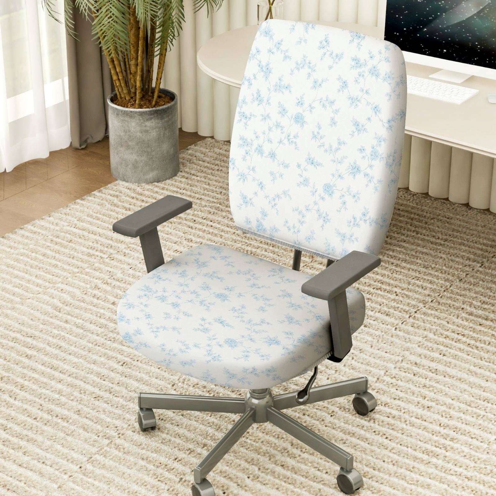 2-Piece Blue Floral Pattern Stylish Decorative  Computer Chair Cover Set, Seat and Backrest
