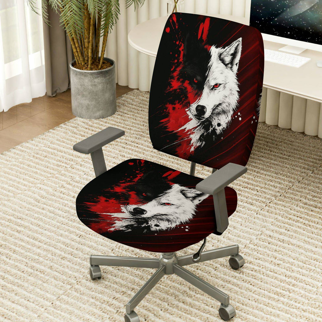 2-Piece Wolf Red Black Animal Art Stylish  Computer Chair Cover Set, Seat and Backrest