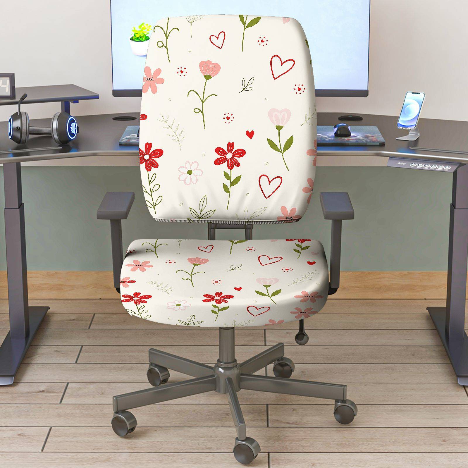 2-Piece Floral Heart Pattern Pink Red Green  Computer Chair Cover Set, Seat and Backrest