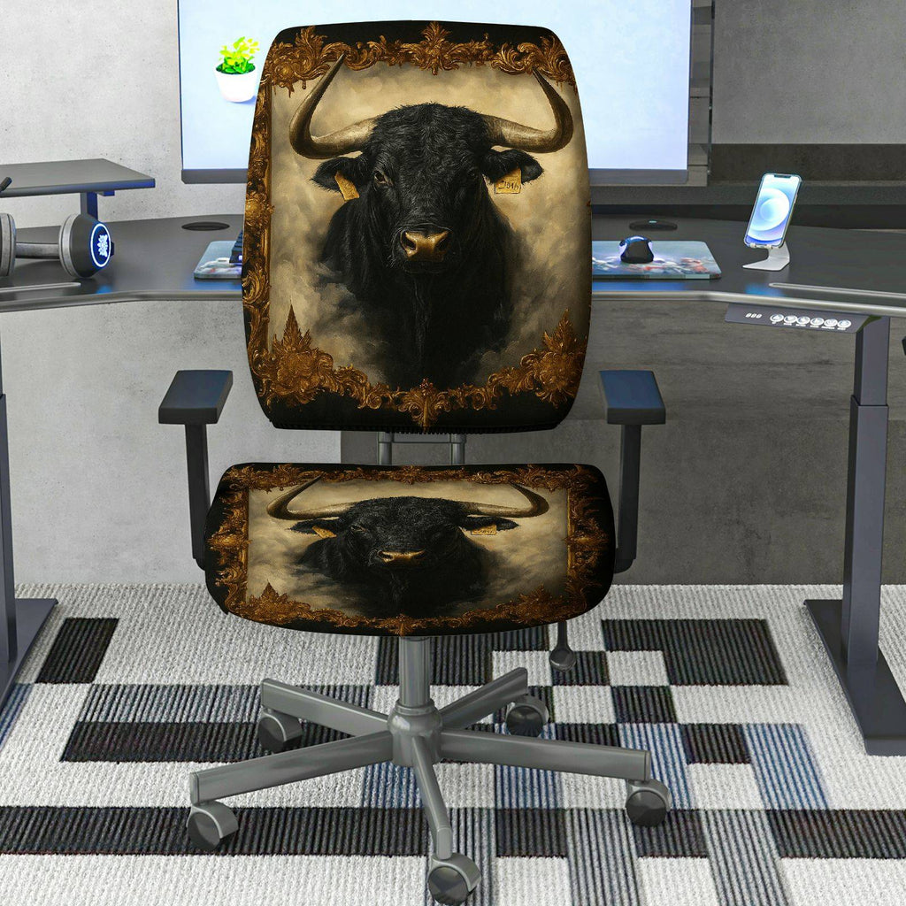 2-Piece Animal Bull Art Vintage Retro Brown Black  Computer Chair Cover Set, Seat and Backrest