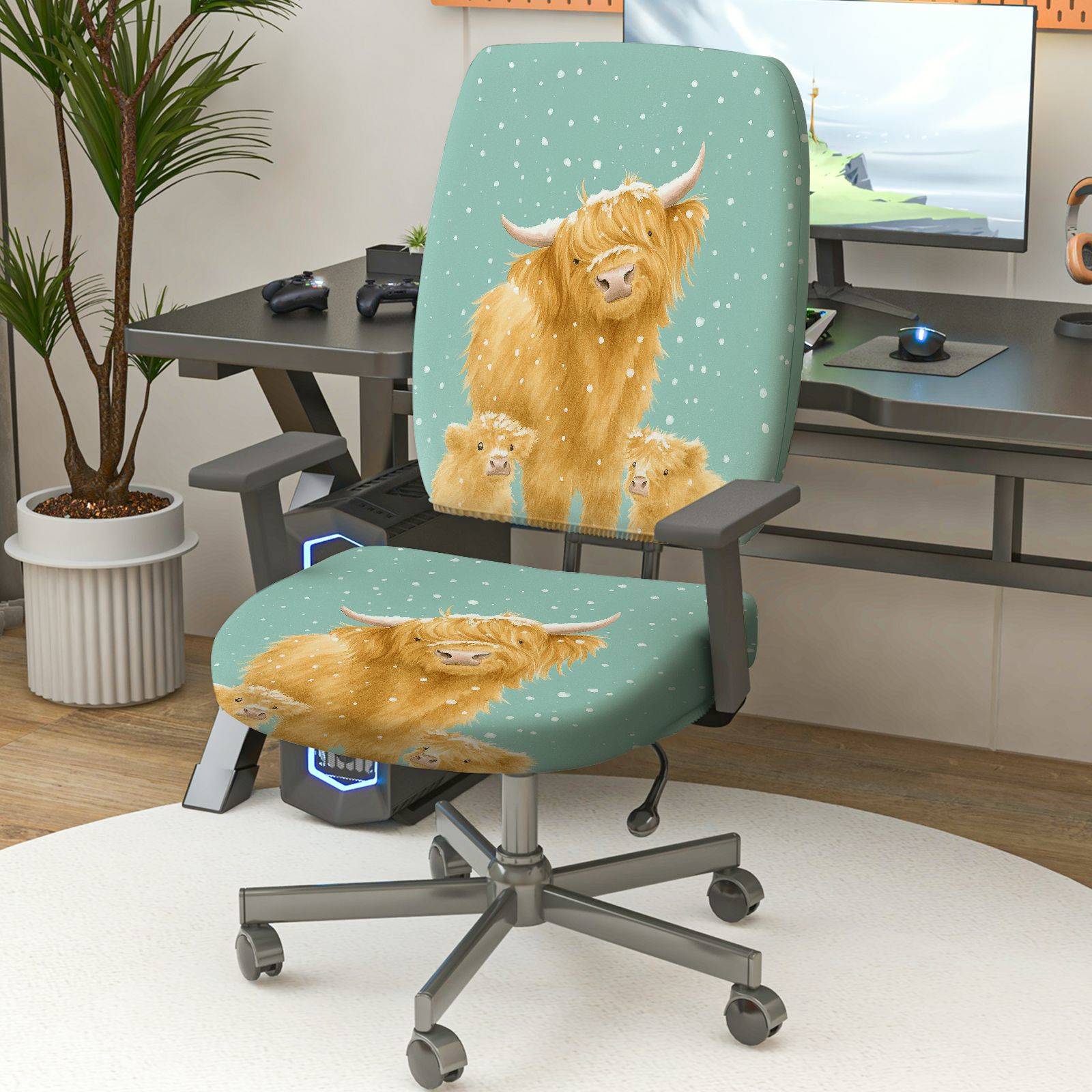 2-Piece Highland Cow Animal Pattern Cute Winter Snow  Computer Chair Cover Set, Seat and Backrest