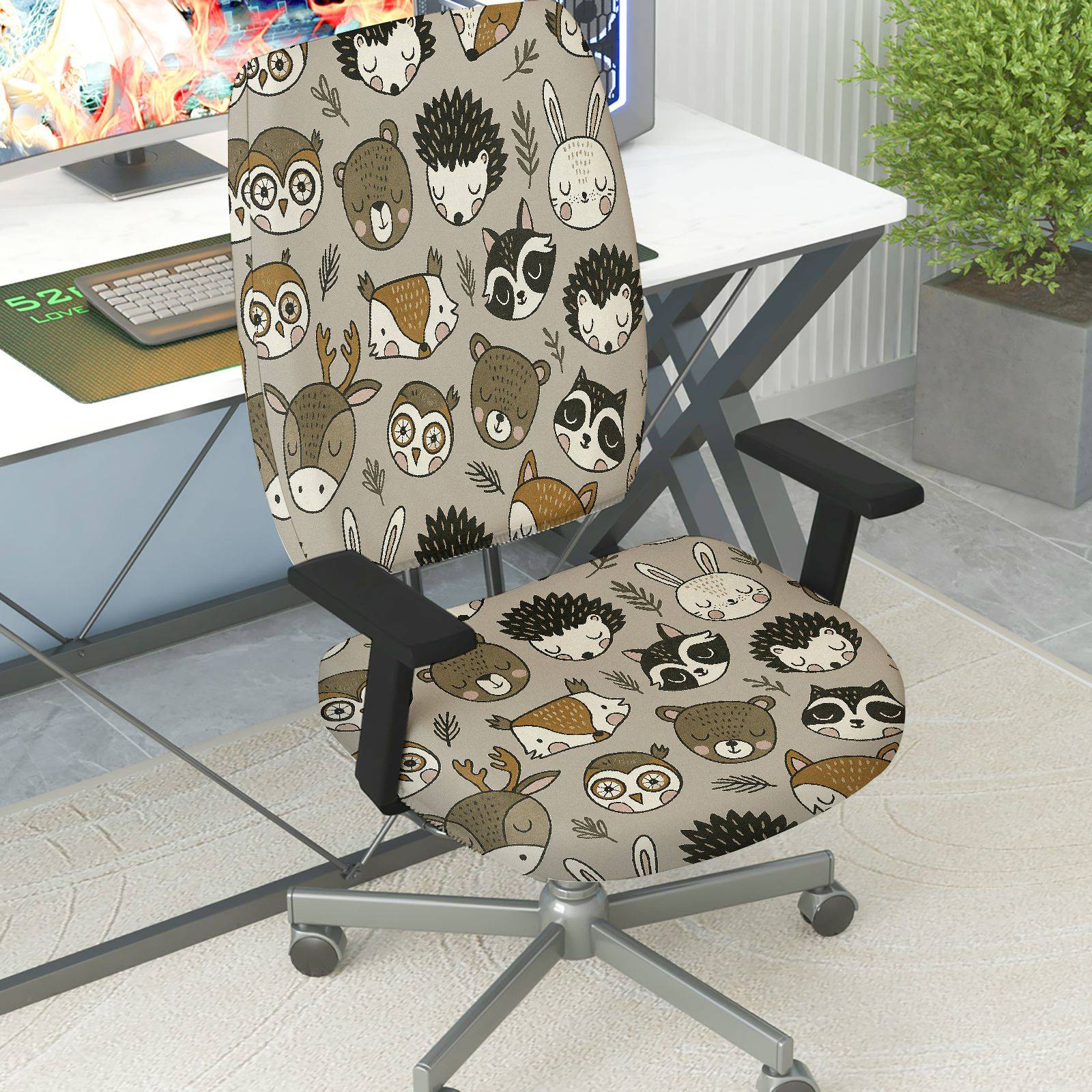 2-Piece Animal Woodland Forest Fun  Computer Chair Cover Set, Seat and Backrest