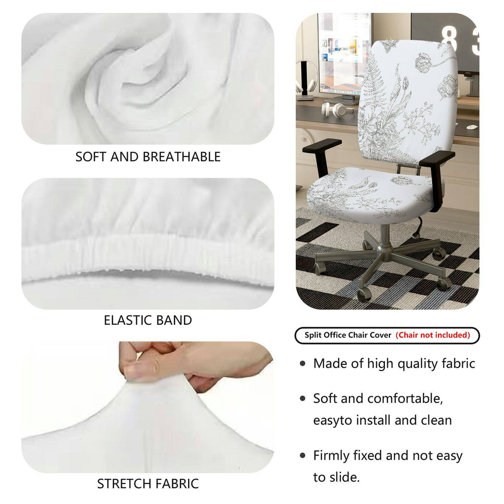 2-Piece Floral Pattern Botanical Design Nature Inspired White  Computer Chair Cover Set, Seat and Backrest