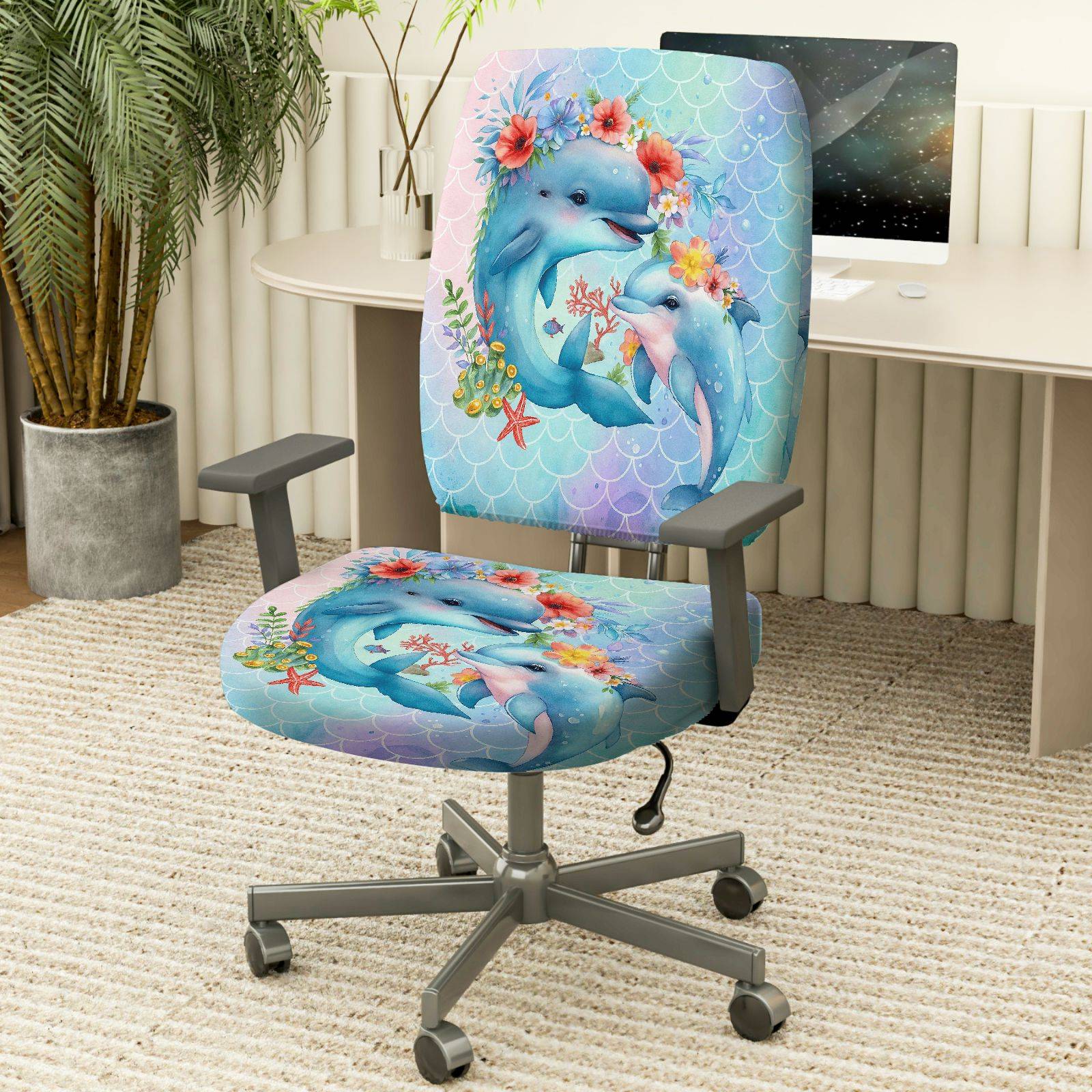 2-Piece Dolphin Ocean Flowers Animal  Computer Chair Cover Set, Seat and Backrest
