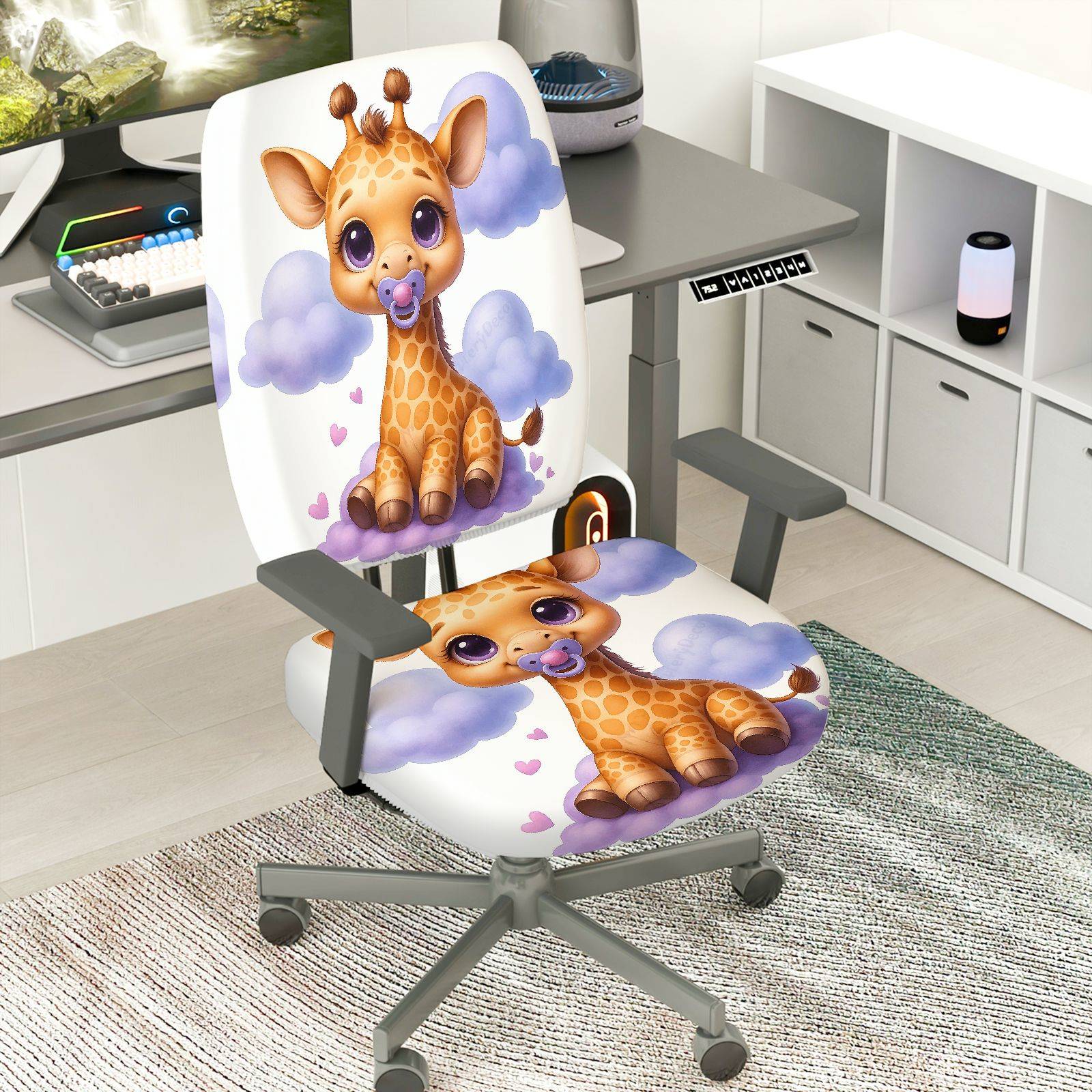 2-Piece Cute Giraffe Clouds Hearts Animal  Computer Chair Cover Set, Seat and Backrest
