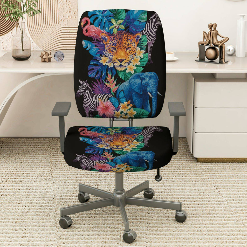 2-Piece Jungle Animal Floral Wildlife Safari Tropical  Computer Chair Cover Set, Seat and Backrest