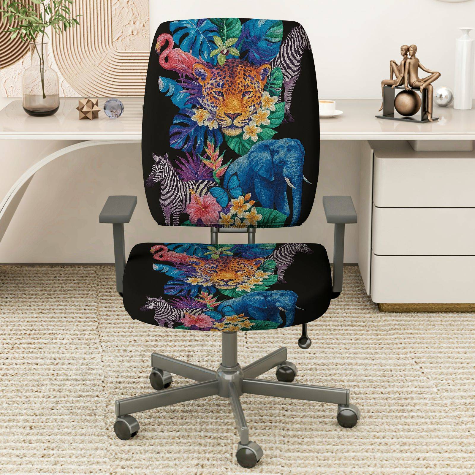 2-Piece Jungle Animal Floral Wildlife Safari Tropical  Computer Chair Cover Set, Seat and Backrest