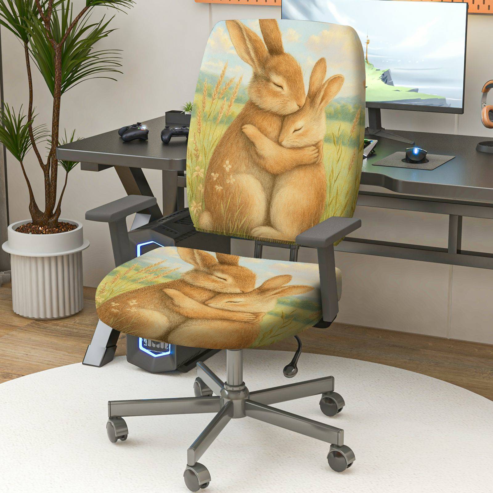 2-Piece Lovely Animal Bunny Hug Pastoral Art  Computer Chair Cover Set, Seat and Backrest