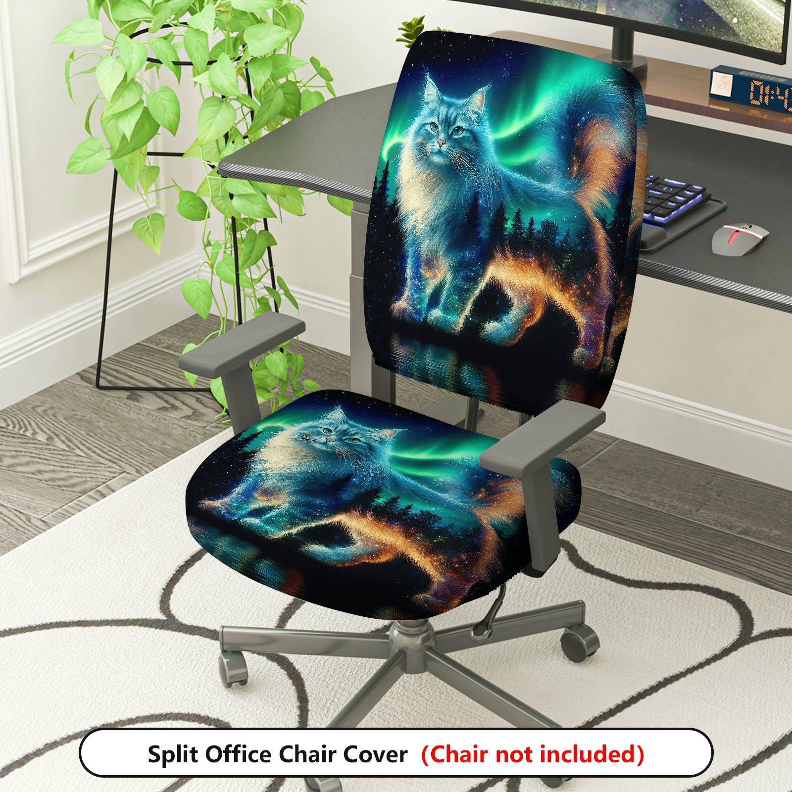 2-Piece Aurora Cat Galaxy Starry Forest Scenery  Computer Chair Cover Set, Seat and Backrest