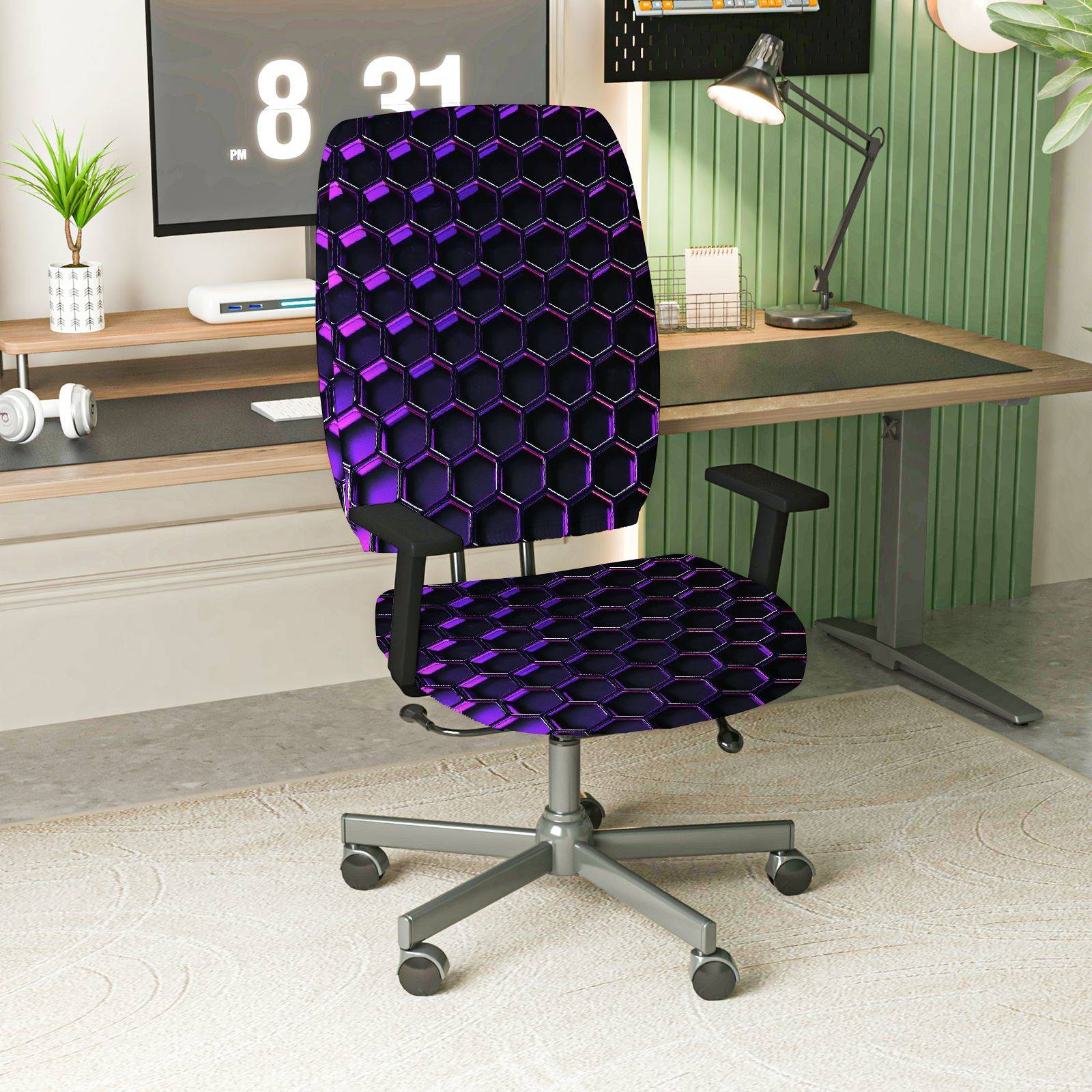 2-Piece Geometric Purple Black Stylish Modern Cool  Computer Chair Cover Set, Seat and Backrest