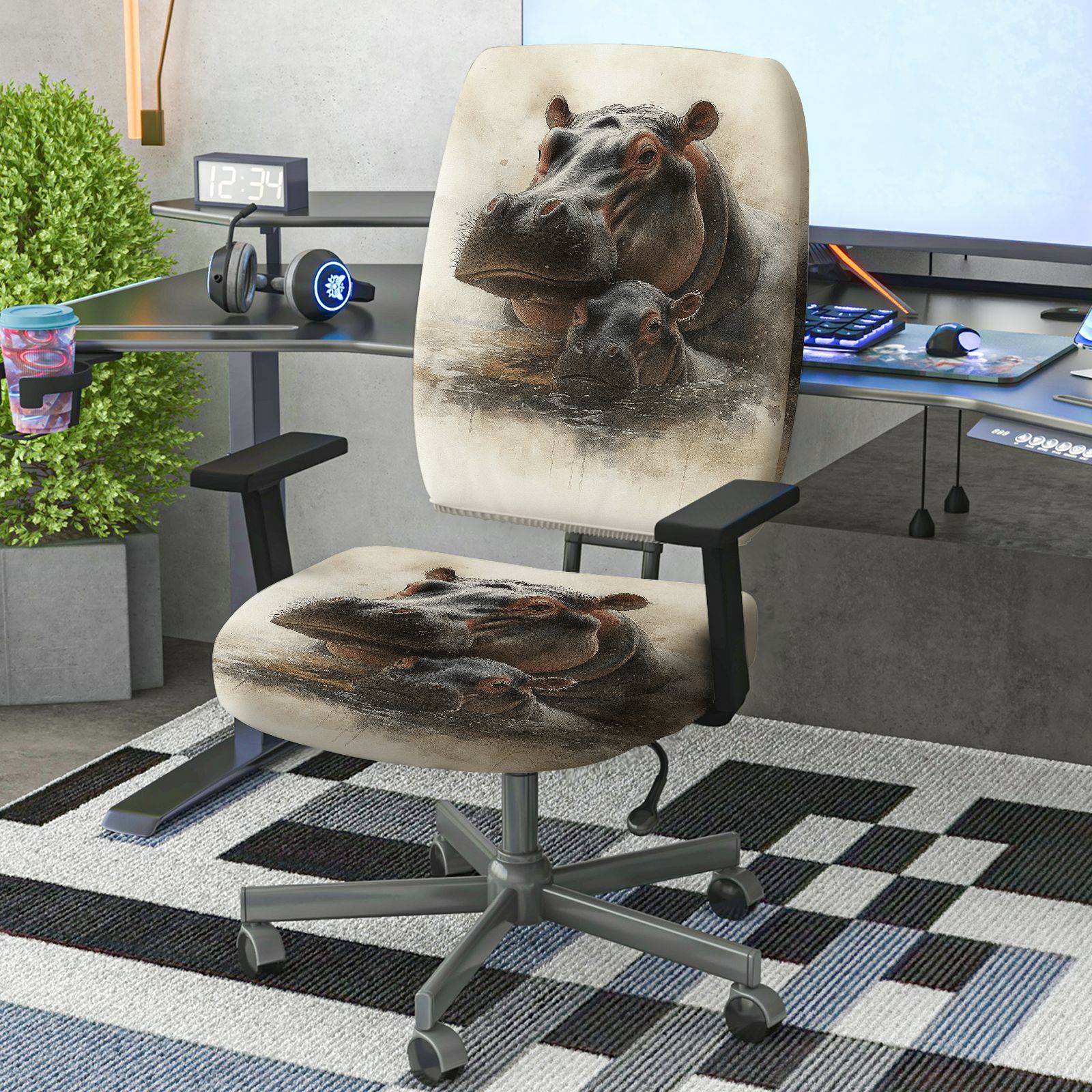 2-Piece Animal Hippo Print Decorative Stylish Creative Unique  Computer Chair Cover Set, Seat and Backrest