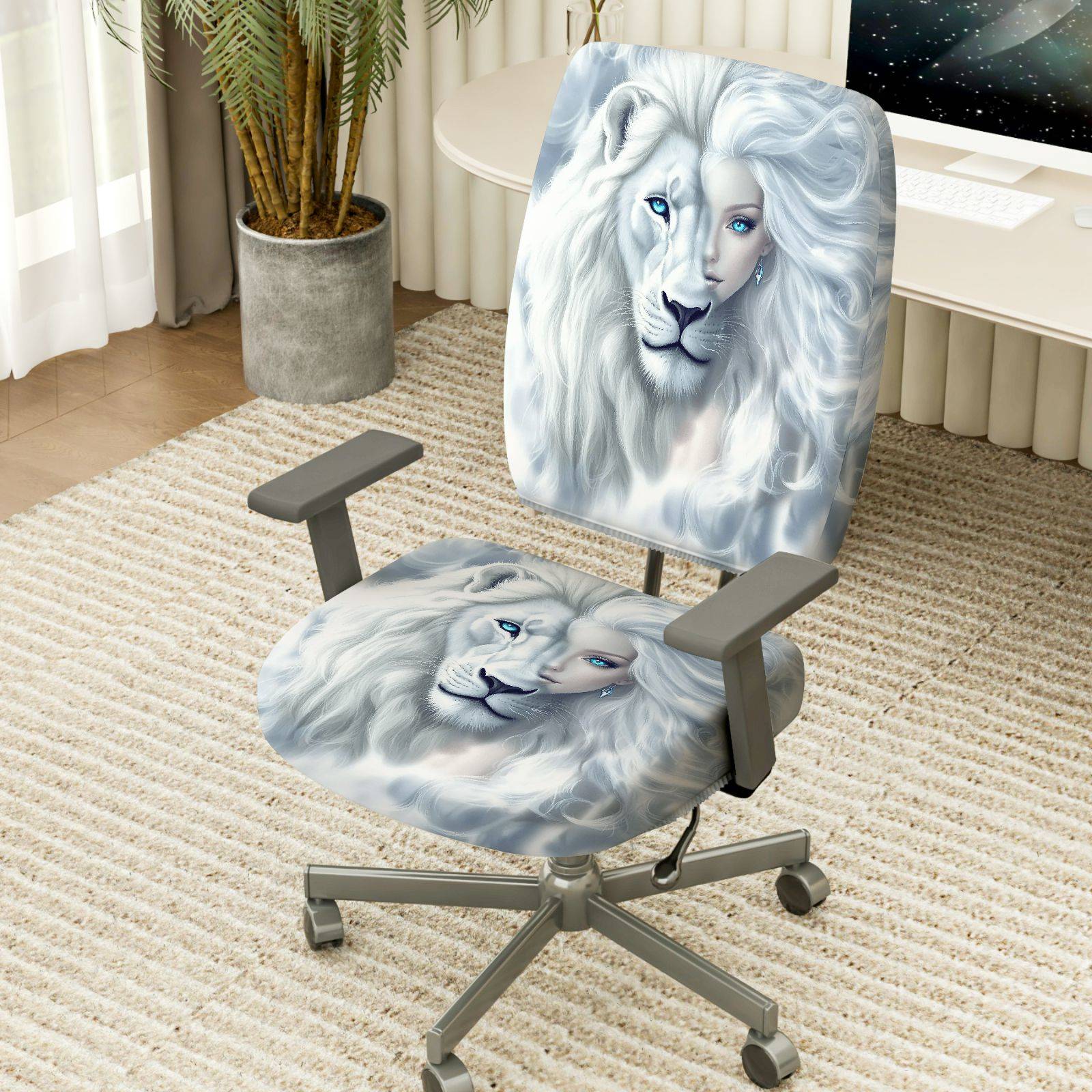 2-Piece White Lion Animal Print Artistic Elegant Bold  Computer Chair Cover Set, Seat and Backrest