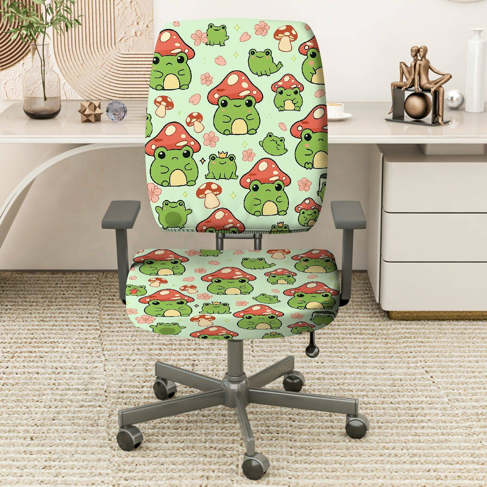 2-Piece Frog Mushroom Cute Green Animals  Computer Chair Cover Set, Seat and Backrest
