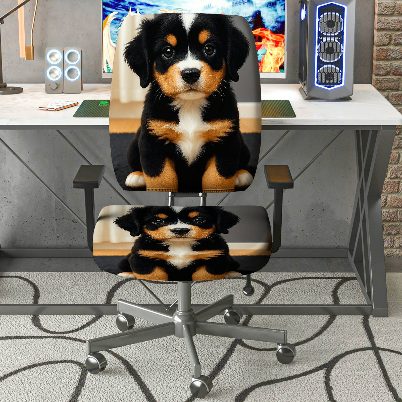 2-Piece Adorable Puppy Animal Design  Computer Chair Cover Set, Seat and Backrest