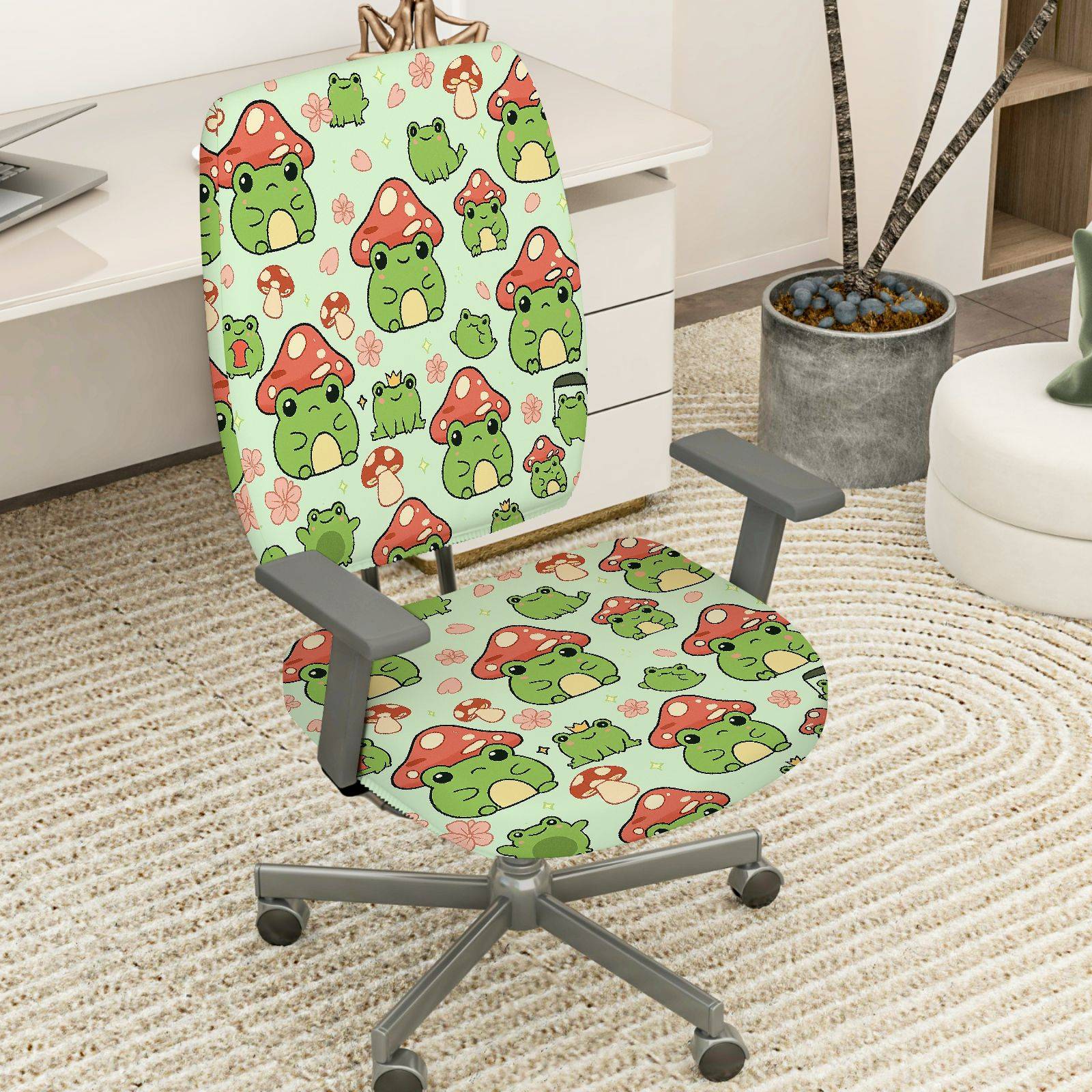 2-Piece Frog Mushroom Cute Green Animals  Computer Chair Cover Set, Seat and Backrest